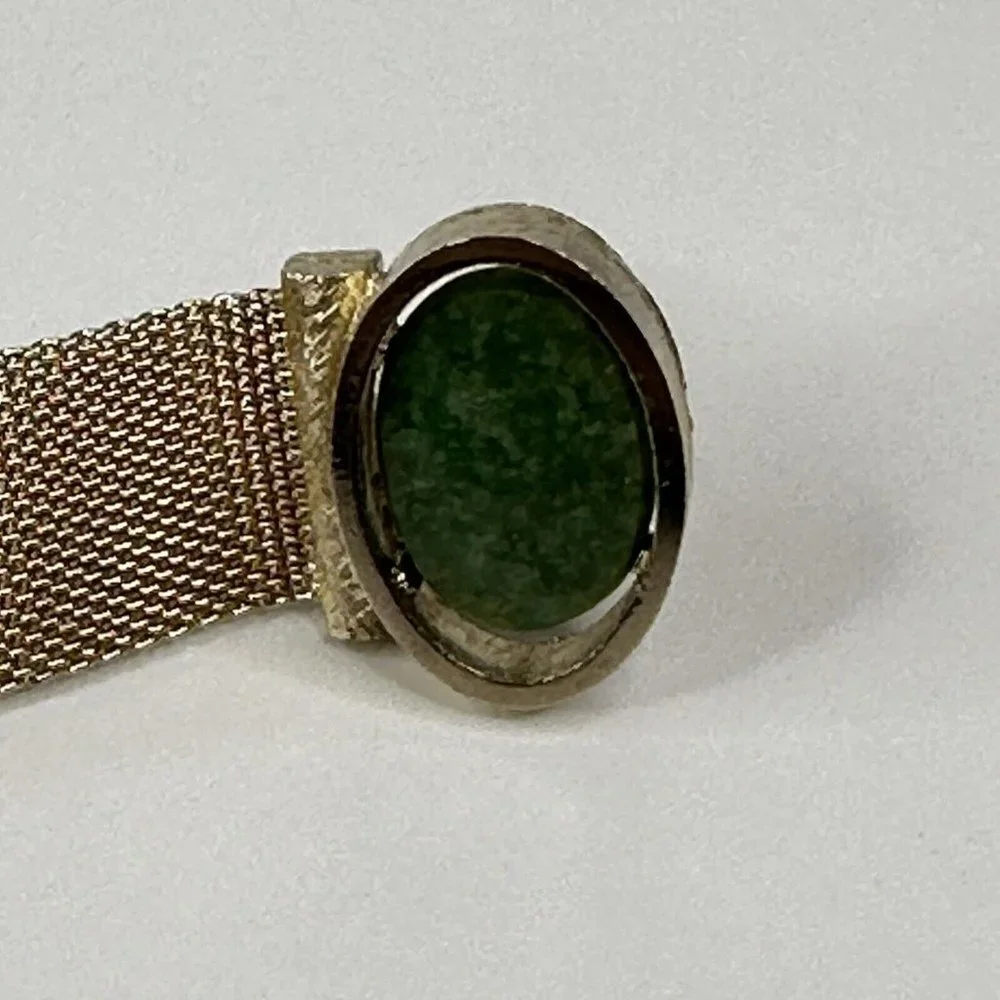 Dante Gold Tone Mesh Cufflinks & Tie Tack Set Green Stone Vintage Mens